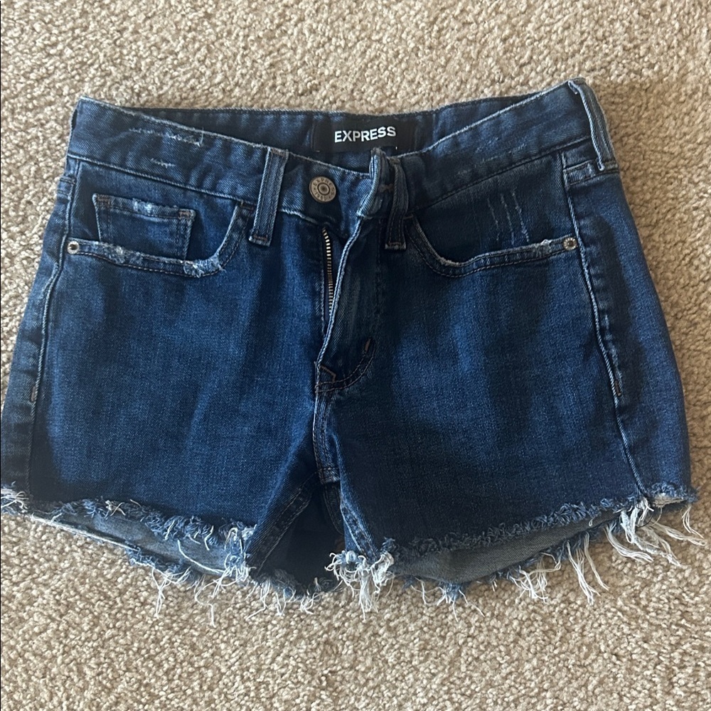 Express Indigo Denim Frayed Jean Shorts – Distressed Summer Cutoffs Size 0